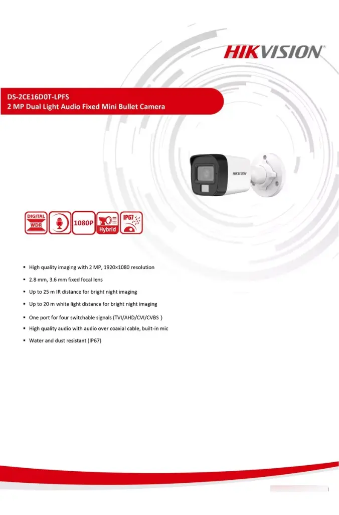Camara Hikvision Color Vu Ds-2ce16dot-Lpfs Hybrid 2mp